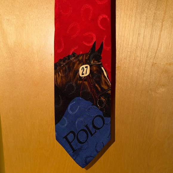 Vintage Polo by Ralph Lauren Equestrian Hand Made Silk Tie in Red with Horseshoe - Picture 5 of 10